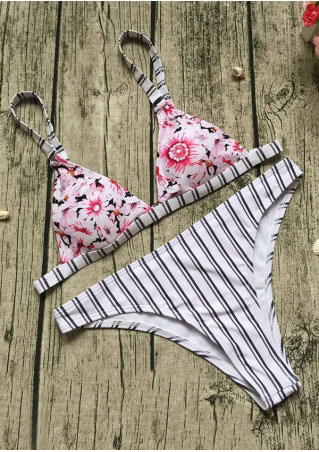 Floral Striped Low Waist Bikini Set