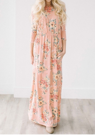 Floral Pocket Three Quarter Sleeve Maxi Dress