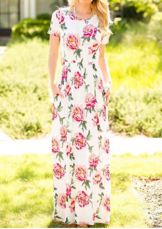 Floral Short Sleeve Maxi Dress without Necklace