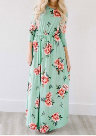 Floral Pocket O-Neck Maxi Dress