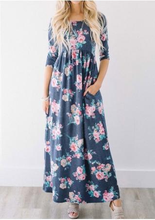 Floral Three Quarter Sleeve Maxi Dress