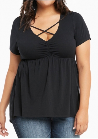 Solid Criss-Cross Ruched V-Neck Blouse