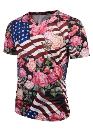 Floral American Flag V-Neck T-Shirt