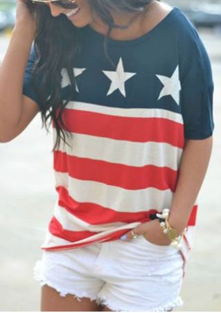 Star Printed Striped O-Neck T-Shirt