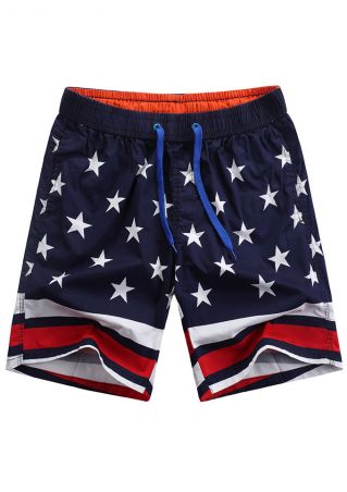 Star Striped Splicing Pocket Drawstring Shorts