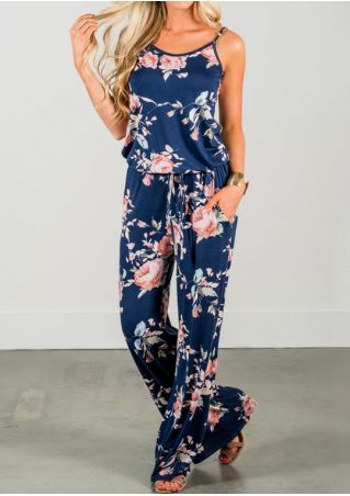 Floral Spaghetti Strap Pocket Jumpsuit without Necklace