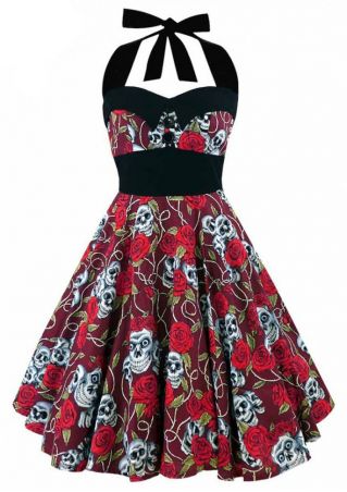 Skull Floral Button Halter Mini Dress