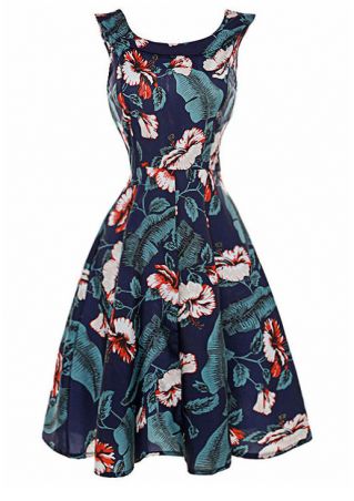 Floral Leaf Printed Sleeveless Casual Dress