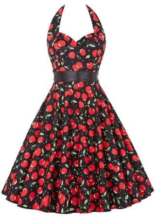 Cherry Printed Halter Bowknot Mini Dress with Belt