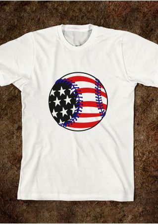 Baseball American Flag Printed O-Neck T-Shirt