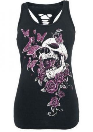 Floral Skull Printed Hollow Out Tank