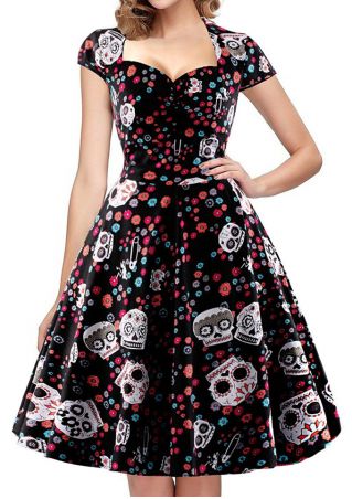 Floral Skull Printed Casual Dress