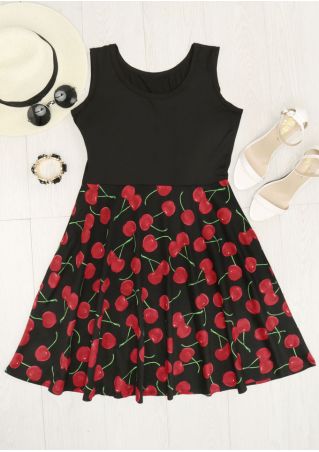 Cherry Printed Splicing Mini Dress