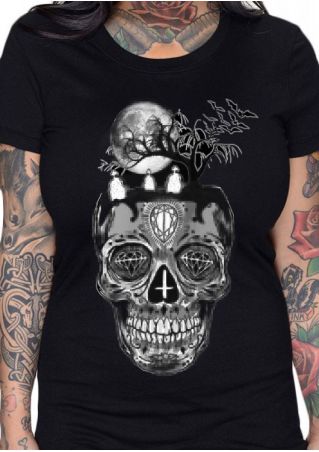 Skull Graveyard Printed O-Neck T-Shirt
