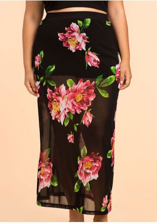 Floral See-Through Elastic Waist Maxi Skirt