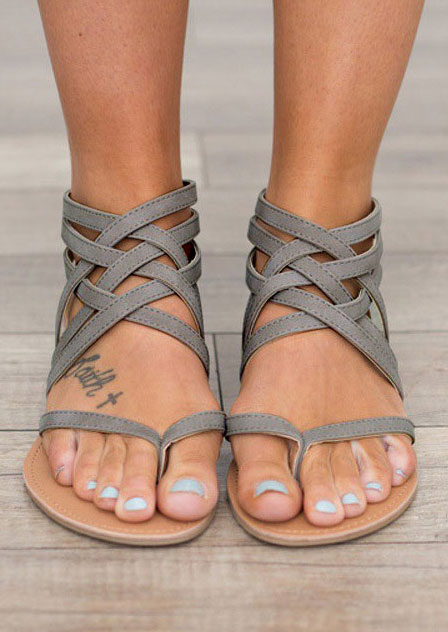 Sandals Summer Cross-Tied Zipper Flat Sandals in Black,Gray. Size: 37,38,39,40,41,42,43