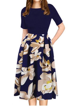Floral Splicing O-Neck Casual Dress