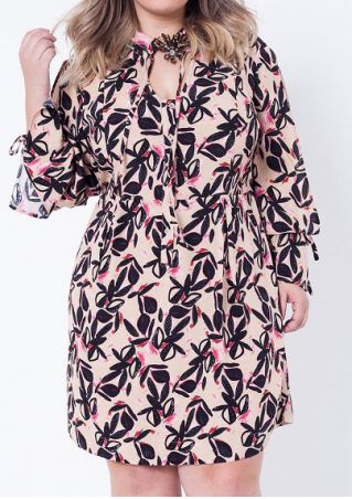 Leaf Printed Tie Casual Dress without Brooch