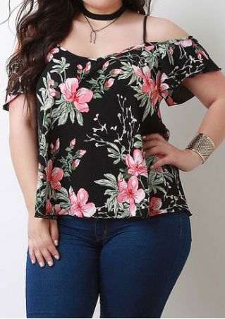 Floral Spaghetti Strap Cold Shoulder Blouse without Necklace