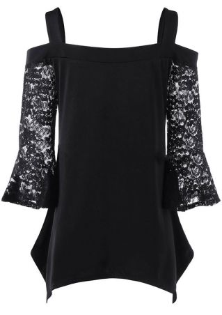 Solid Lace Floral Splicing Cold Shouder Blouse