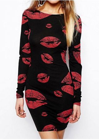 Lip Printed Long Sleeve Bodycon Dress