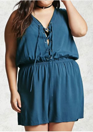 Plus Size Solid Hole Lace Up Romper without Necklace