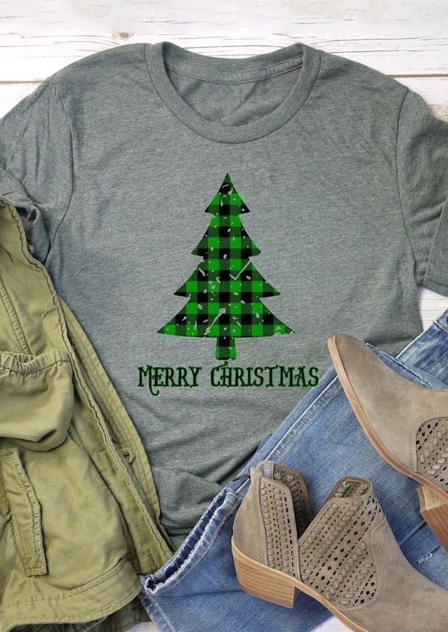 merry christmas plaid tree t-shirt tee