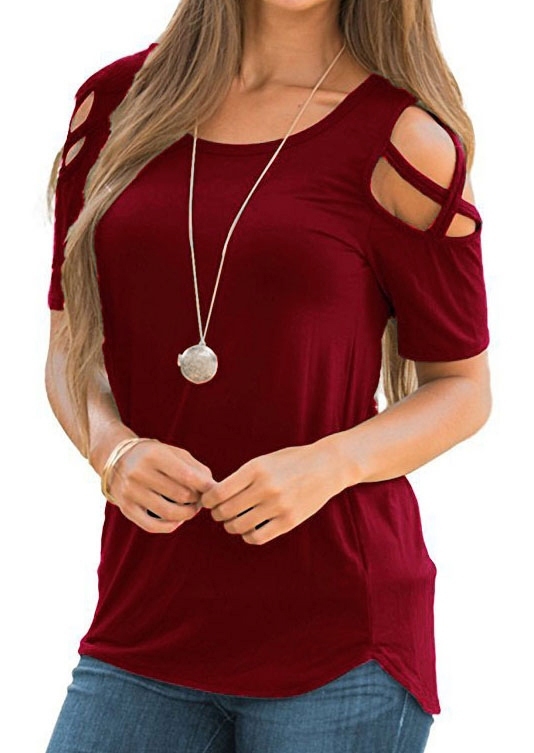 Blouses Solid Criss-Cross Cold Shoulder Blouse without Necklace in Black,Burgundy,Royal Blue. Size: S,M,L,XL