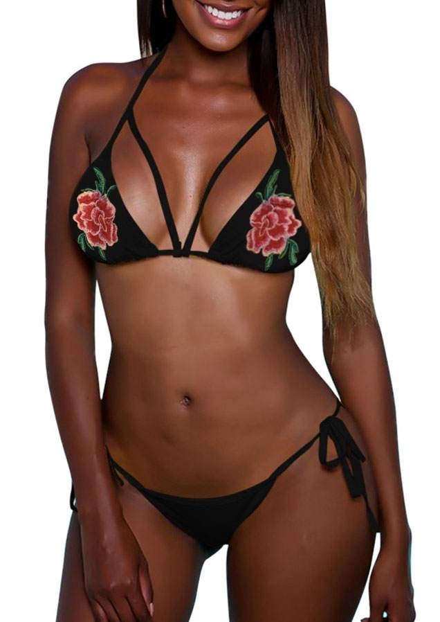 Embroidery Hollow Out Halter Bikini Set Fairyseason