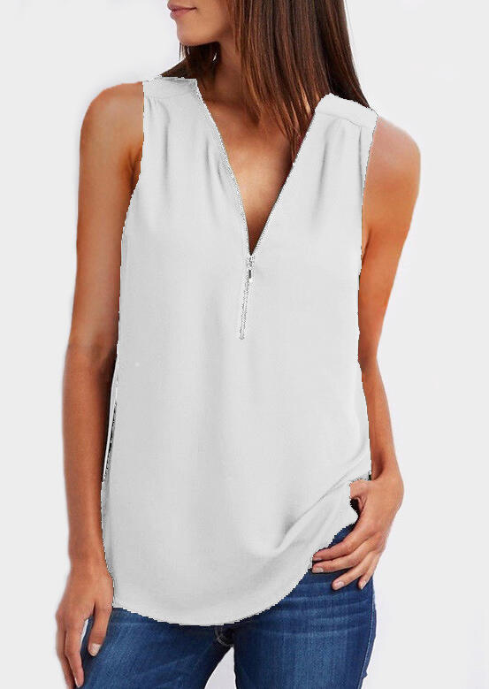 Tank Tops Solid Zipper V-Neck Tank in White,Gray,Army Green. Size: S,M,L,XL,2XL,3XL,4XL,5XL