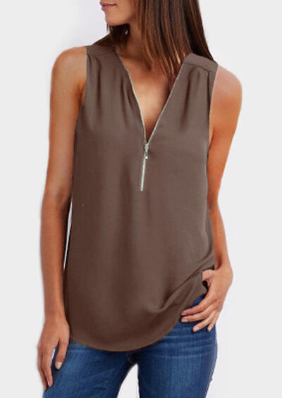 Tank Tops Solid Zipper V-Neck Tank in Sky Blue,Burgundy,Coffee. Size: S,XL,2XL,3XL,4XL,5XL