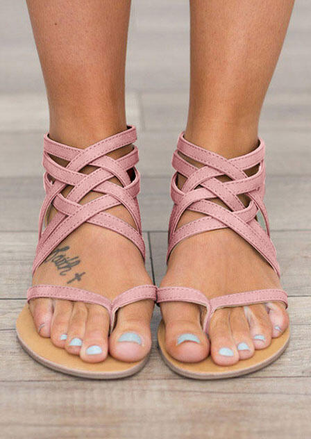 Sandals Summer Cross-Tied Zipper Flat Sandals in Pink. Size: 37,38,39,40,41,42,43