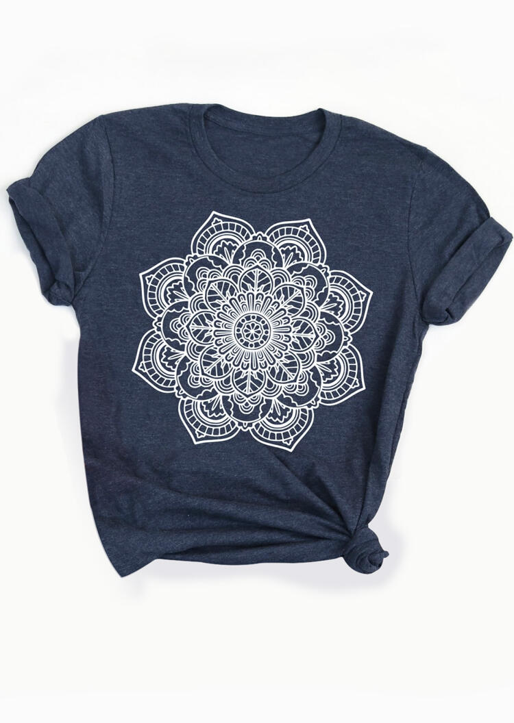 Tees T-shirts Mandala Printed O-Neck T-Shirt Tee in Deep Blue. Size: S,M,L,XL