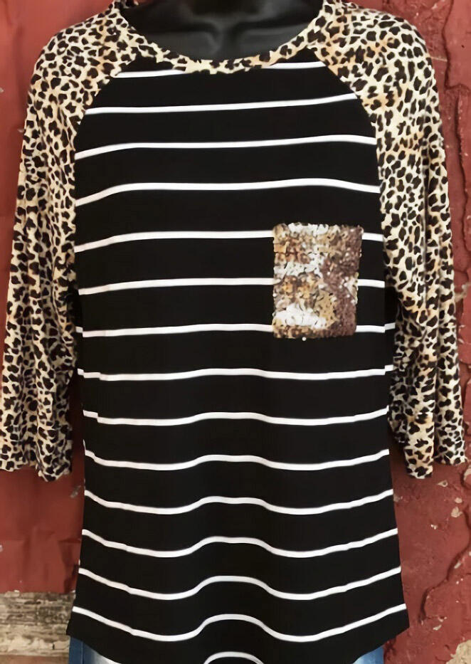 Striped Splicing Leopard Printed Sequined Pocket T-Shirt Tee - Black, 457621
Striped Splicing Leopard Printed Sequined Pocket T-Shirt Tee - Black, 457621