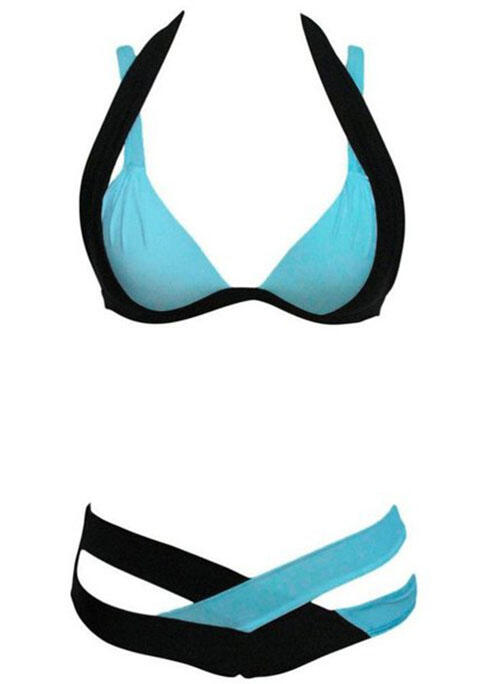 Color Block Splicing Criss Cross Halter Bikini Set Fairyseason