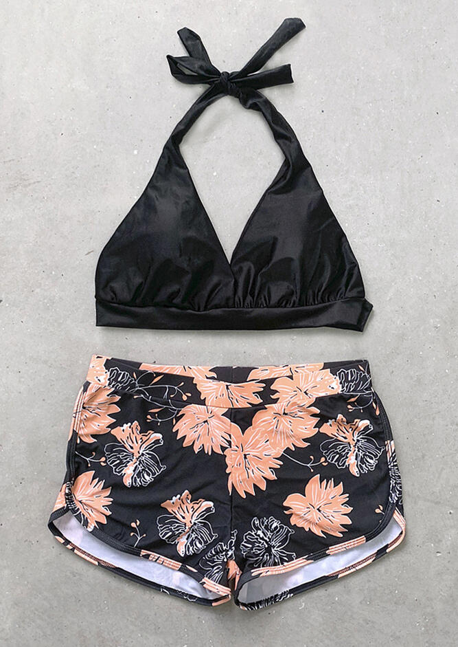 Floral Tie Halter Bikini Set Black Fairyseason