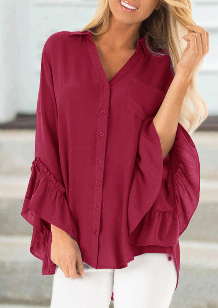 Burgundy Flare Sleeve Turn-Down Collar Pocket Shirt, Women's Blouse Top in Burgundy. Size
Burgundy Flare Sleeve Turn-Down Collar Pocket Shirt, Women's Blouse Top in Burgundy. Size