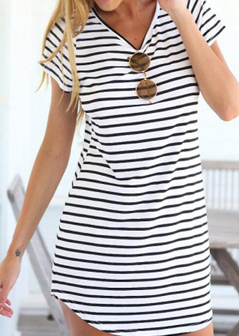 Mini Dresses Striped V-Neck Mini Dress without Sunglasses - White in White. Size: S,M,L,XL