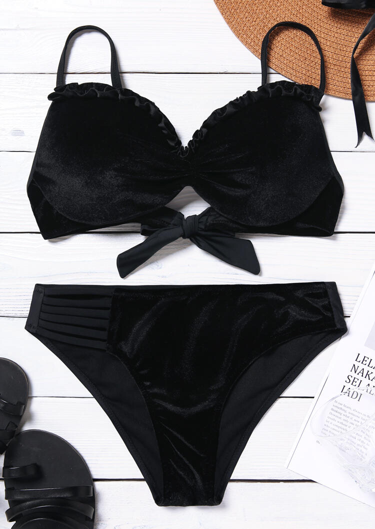 Ruffled Hollow Out Tie Velvet Bikini Set Black Fairyseason