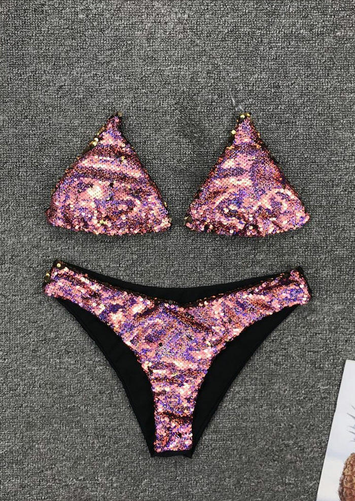 Color Changing Reversible Sequined Bikini Set Without Necklace Purple