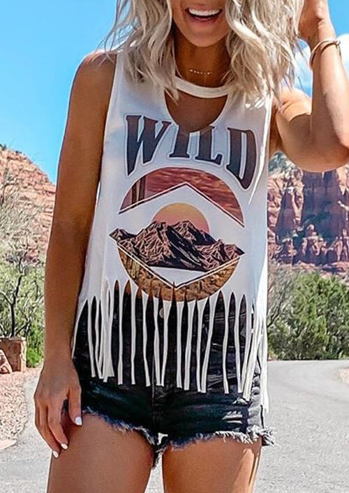Tank Tops Wild Tassel Hollow Out Tank without Necklace in White. Size