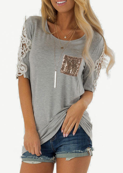 Lace Splicing Sequined Pocket T-Shirt Tee without Necklace - Gray, 468466
Lace Splicing Sequined Pocket T-Shirt Tee without Necklace - Gray, 468466