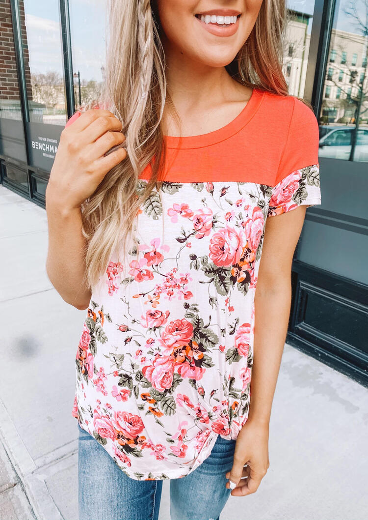 Floral Splicing O-Neck Blouse - Orange, 473354 
Floral Splicing O-Neck Blouse - Orange, 473354