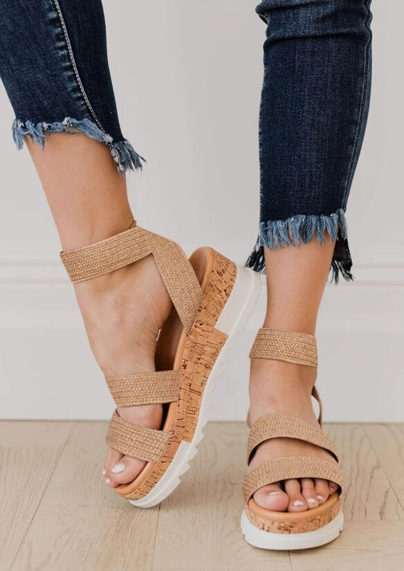 Weave Round Toe Wedged Sandals - Apricot