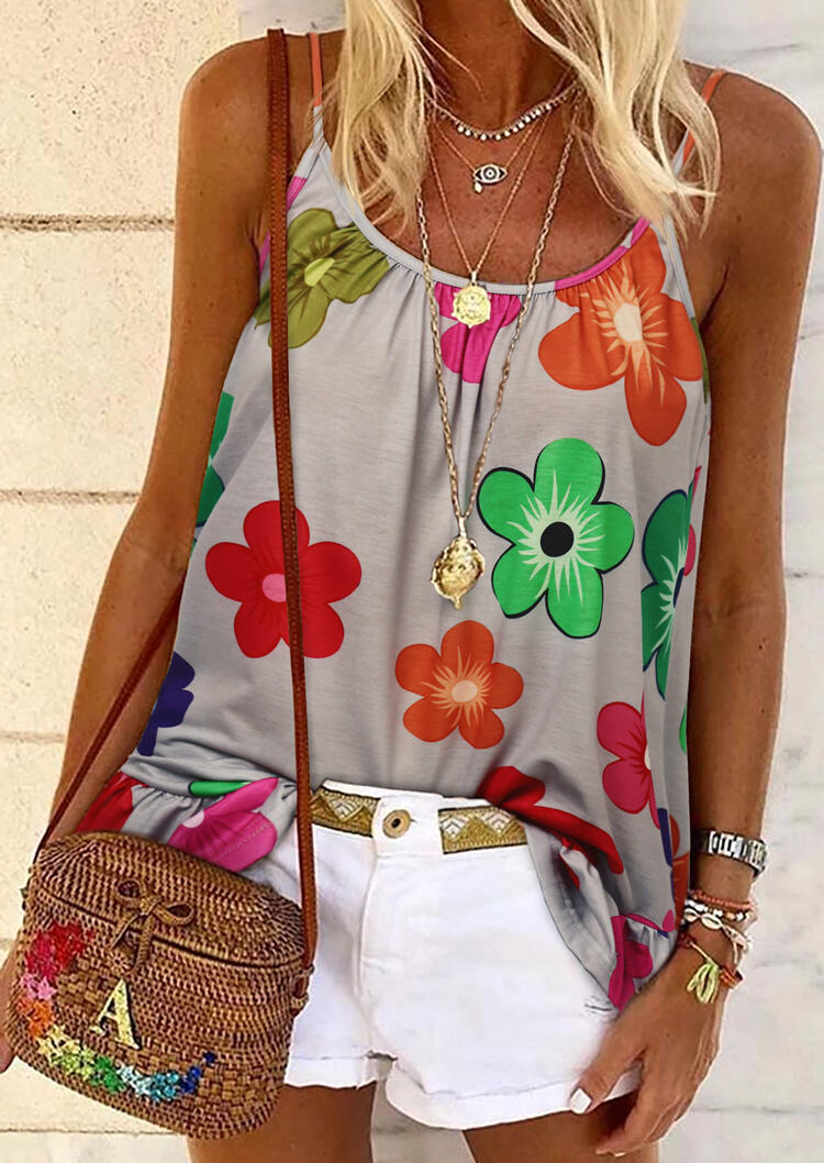 Floral Ruffled Camisole without Necklace - Gray, 476547