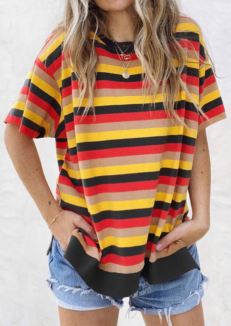 Presale - Colorful Striped Splicing Slit Blouse without Necklace, Stripe, 476965
Presale - Colorful Striped Splicing Slit Blouse without Necklace, Stripe, 476965