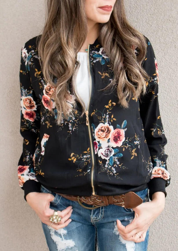 Floral Zipper Long Sleeve Coat - Black, 479649
Floral Zipper Long Sleeve Coat - Black, 479649