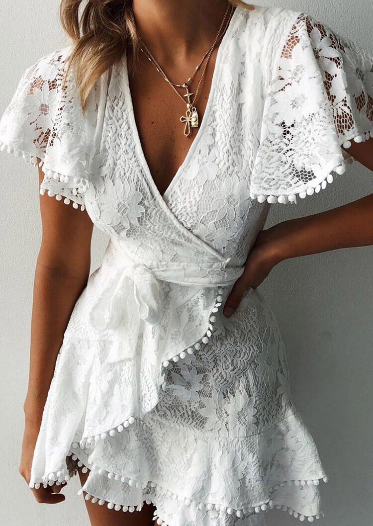 Lace Floral Ruffled Wrap V-Neck Mini Dress - White, 484893
Lace Floral Ruffled Wrap V-Neck Mini Dress - White, 484893