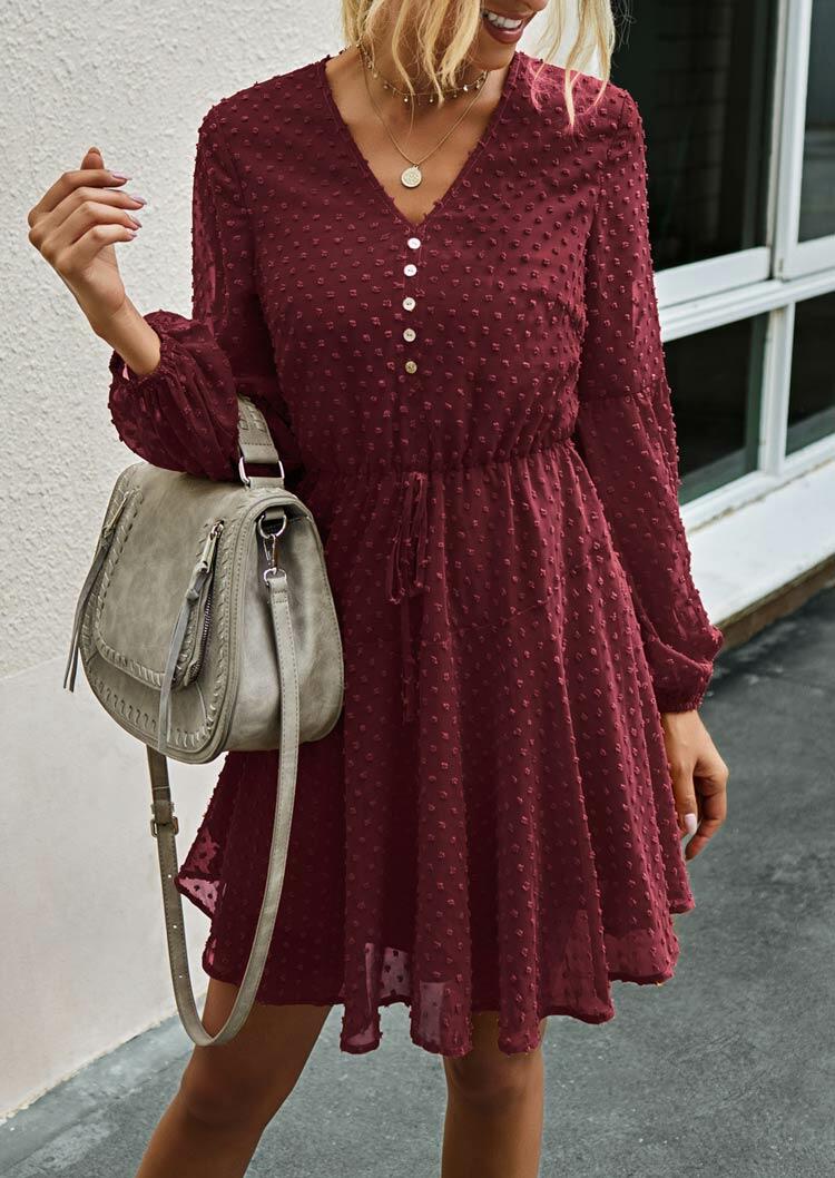 Mini Dresses Dotted Swiss Ruffled Tie Button Elastic Cuff Mini Dress in Burgundy. Size
Mini Dresses Dotted Swiss Ruffled Tie Button Elastic Cuff Mini Dress in Burgundy. Size