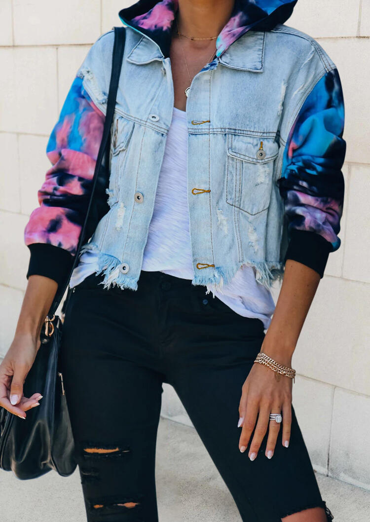 Coats Tie Dye Splicing Ripped Hole Frayed Hem Hooded Denim Coat in Light Blue. Size
Coats Tie Dye Splicing Ripped Hole Frayed Hem Hooded Denim Coat in Light Blue. Size